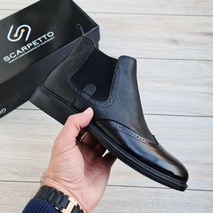 Rosso Black Men's Genuine Leather Wingtip Ankle Boots